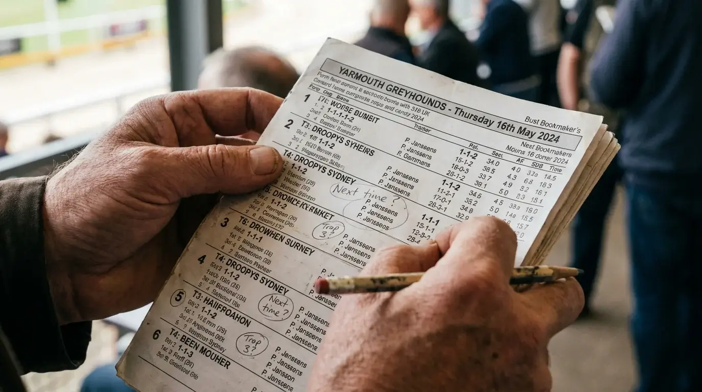 Greyhound racecard showing form figures and sectional times