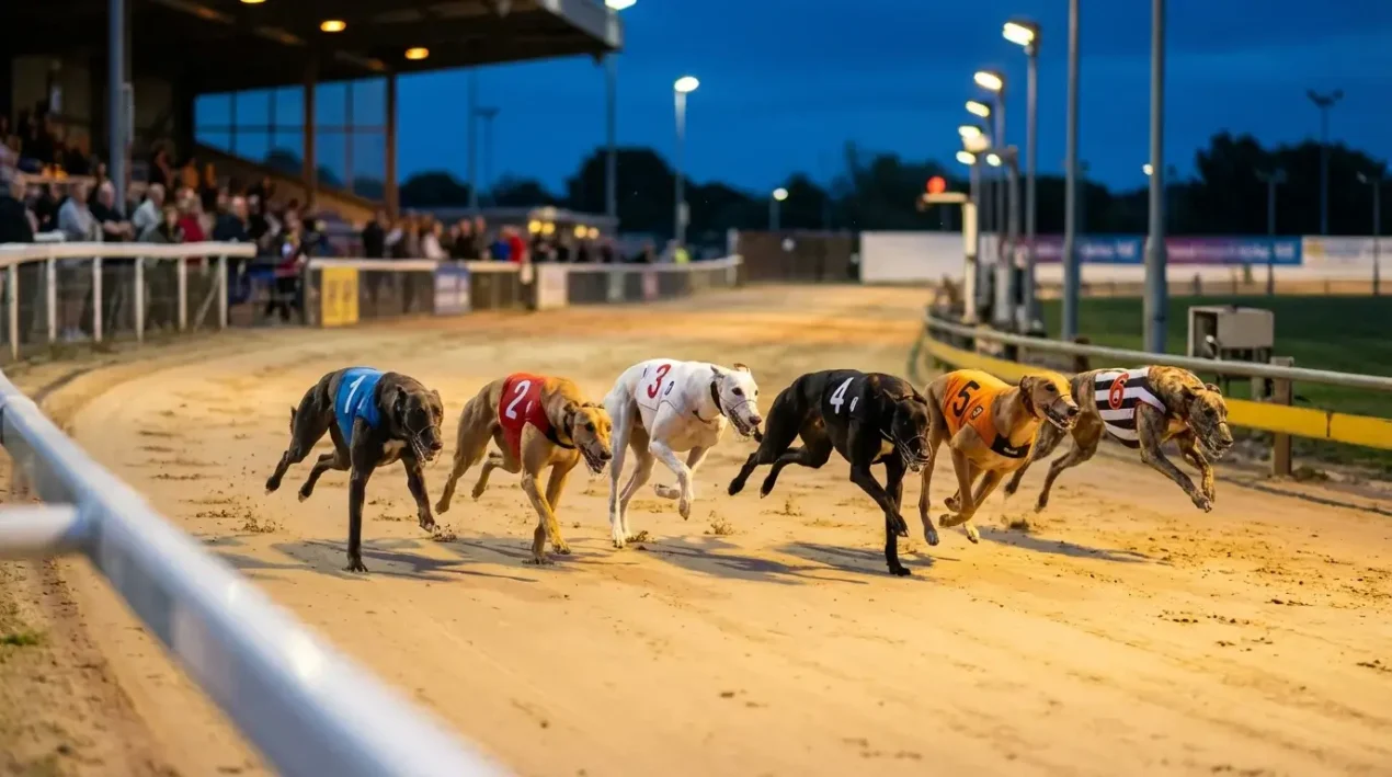 Greyhound racing at a UK track with dogs approaching the first bend