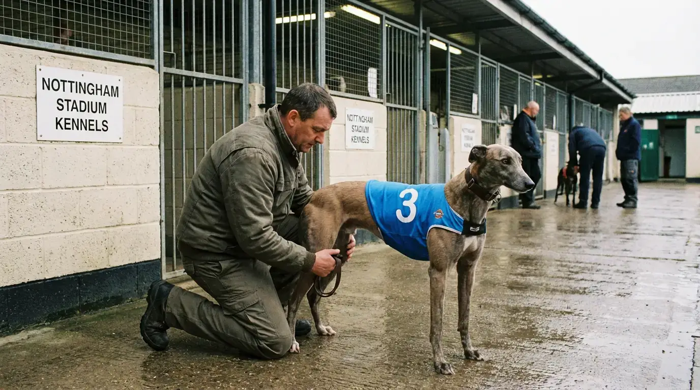 Greyhound trainer with racing dog at UK stadium kennels