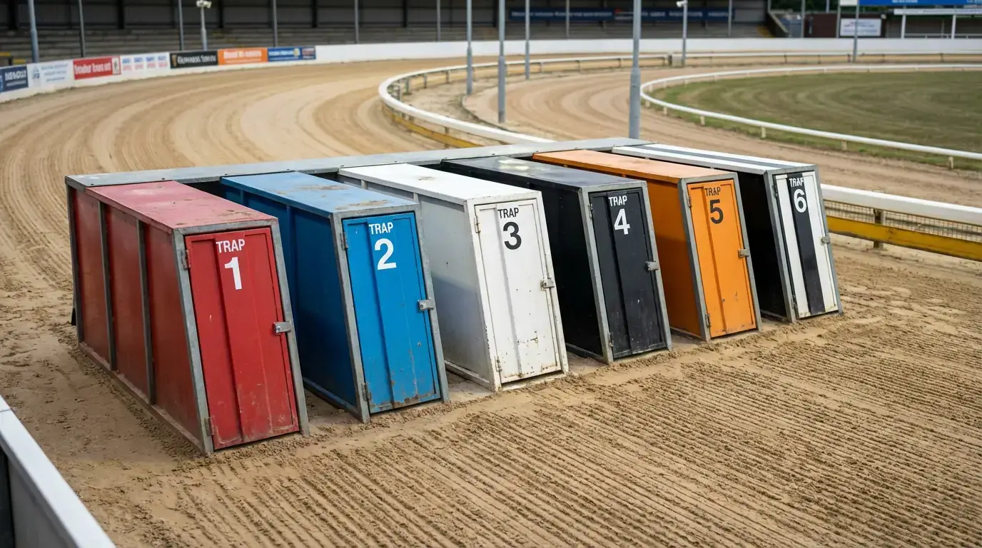 Six greyhound starting traps at a UK racing stadium