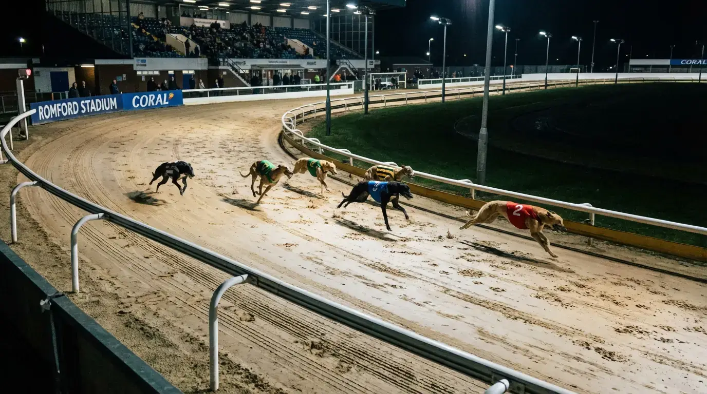 Greyhounds racing around a bend at a UK track